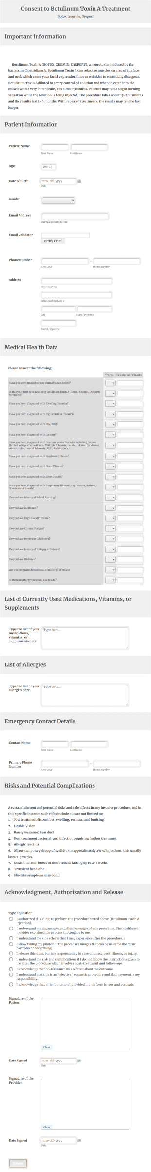 Consent To Botulinum Toxin A Treatment Form Template