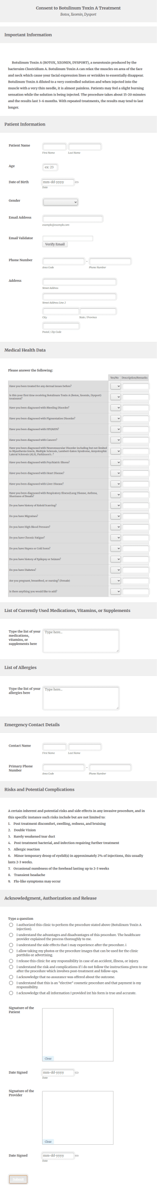 Consent To Botulinum Toxin A Treatment Form Template