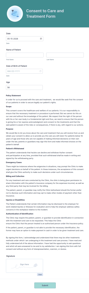 Consent To Care And Treatment Form Template