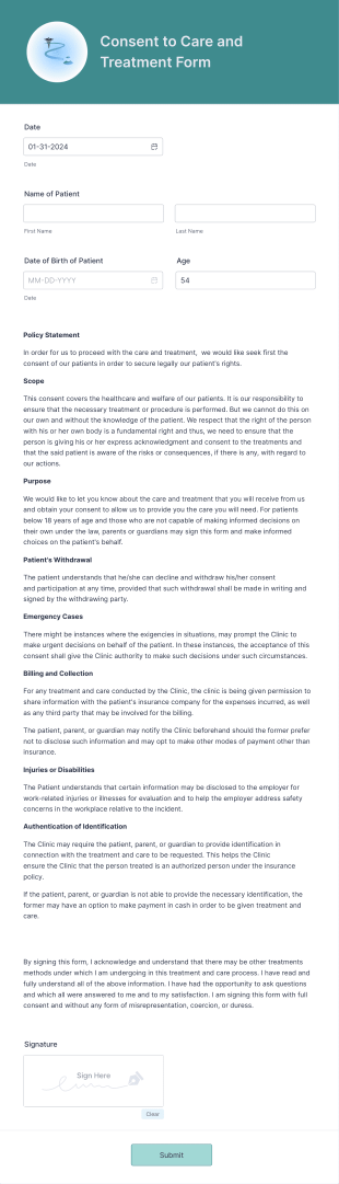 Consent To Care And Treatment Form Template