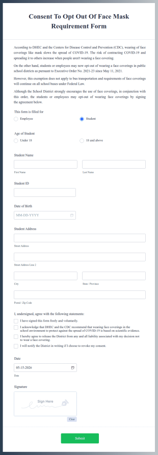 Consent To Opt Out Of Face Mask Requirement Form Template