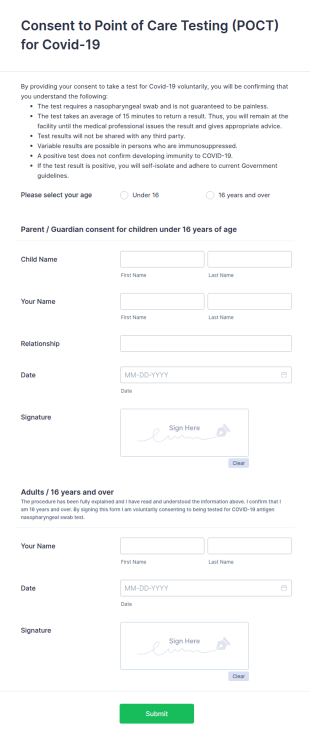 Consent To Point Of Care Testing (POCT) For Covid 19 Form Template