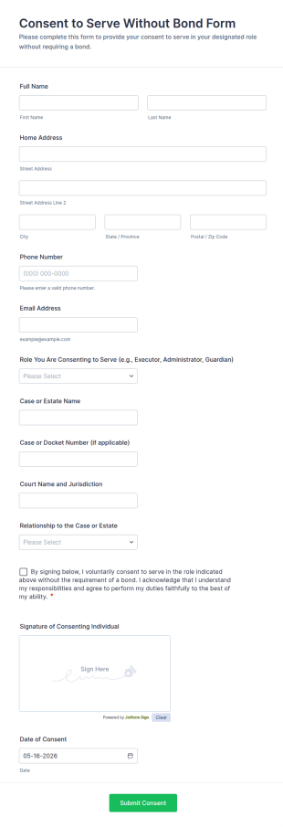 Consent To Serve Without Bond Form Template