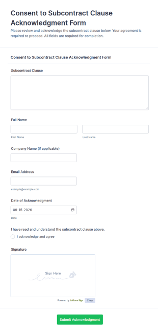 Consent To Subcontract Clause Acknowledgment Form Template