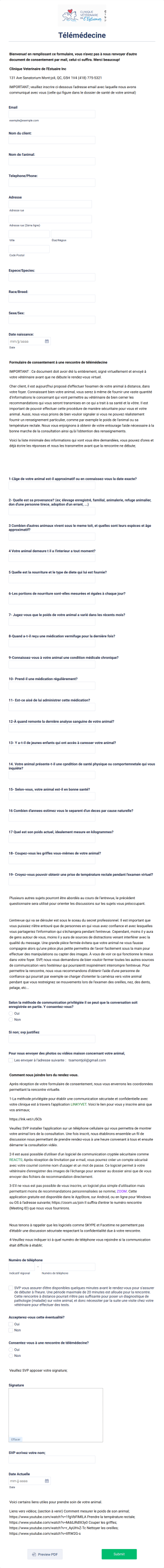 Consentement Télémédecine Vétérinaire Form Template