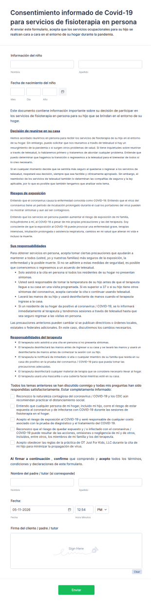Consentimiento Informado De Covid 19 Para Servicios De Fisioterapia En Persona