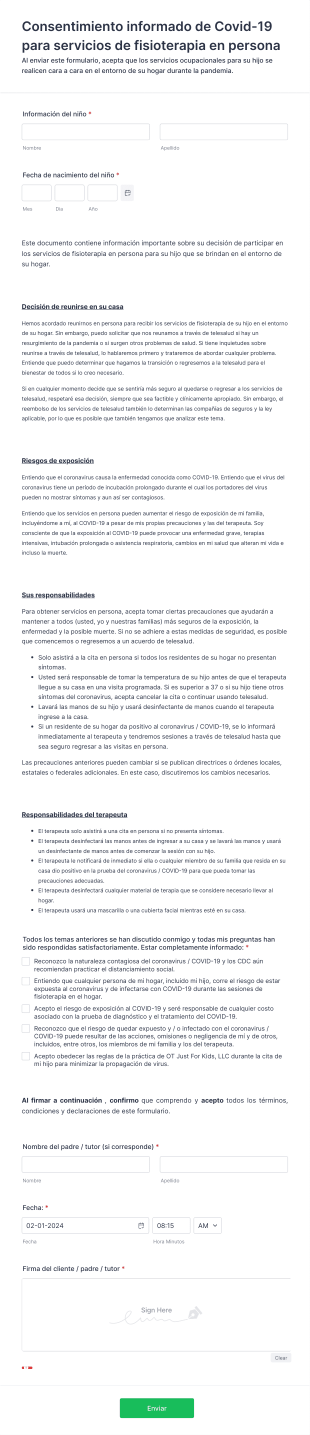 Consentimiento Informado De Covid 19 Para Servicios De Fisioterapia En Persona Form Template