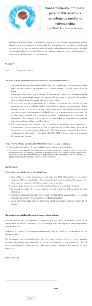 Consentimiento Informado Para Servicios Psicologicos Mediante Telemedicina Form Template