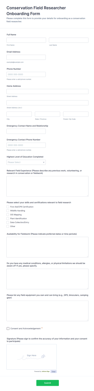 Conservation Field Researcher Onboarding Form Template