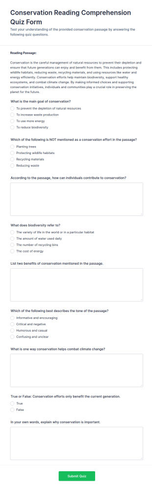 Conservation Reading Comprehension Quiz Form Template