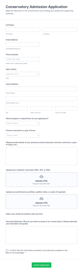 Conservatory Admission Application Form Template
