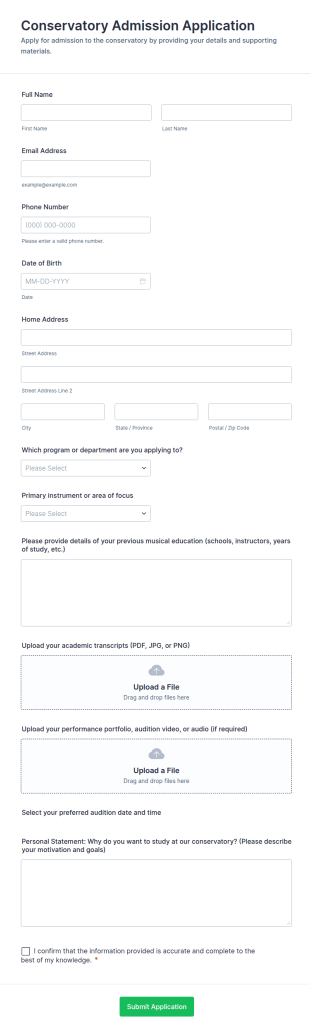 Conservatory Admission Application Form Template