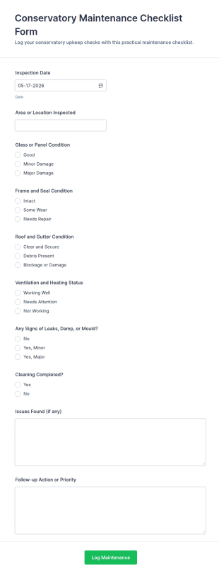 Conservatory Maintenance Checklist Form Template