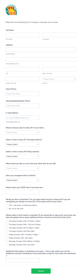 Consignment Sale Sign Up Form Template