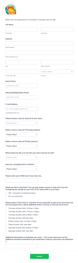 Consignment Sale Sign Up Form Template