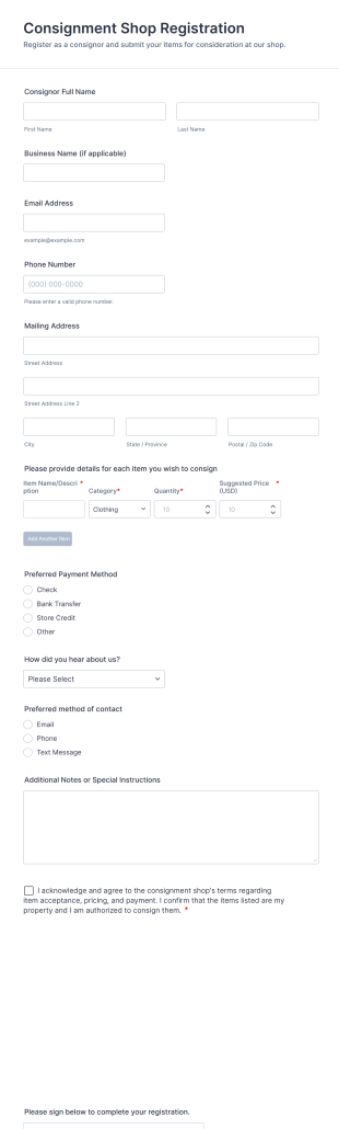 Consignment Shop Registration Form Template
