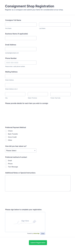 Consignment Shop Registration Form Template