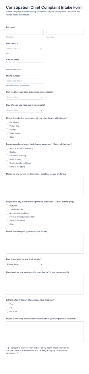 Constipation Chief Complaint Intake Form Template