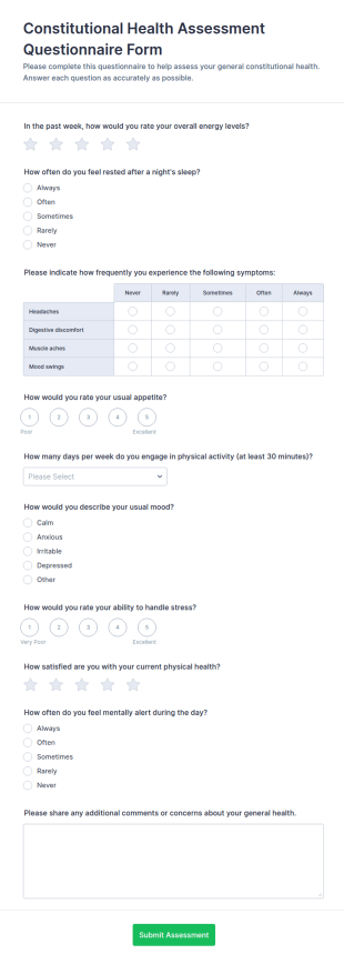 Constitutional Health Assessment Questionnaire Form Template