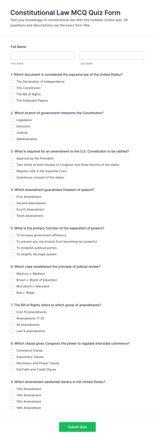 Constitutional Law MCQ Quiz Form Template