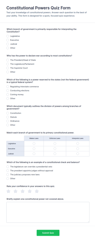 Constitutional Powers Quiz Form Template