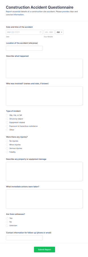 Construction Accident Questionnaire Form Template