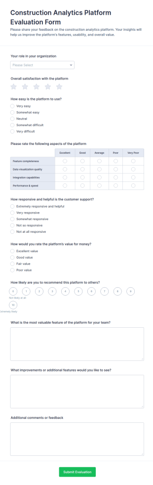 Construction Analytics Platform Evaluation Questionnaire Form Template