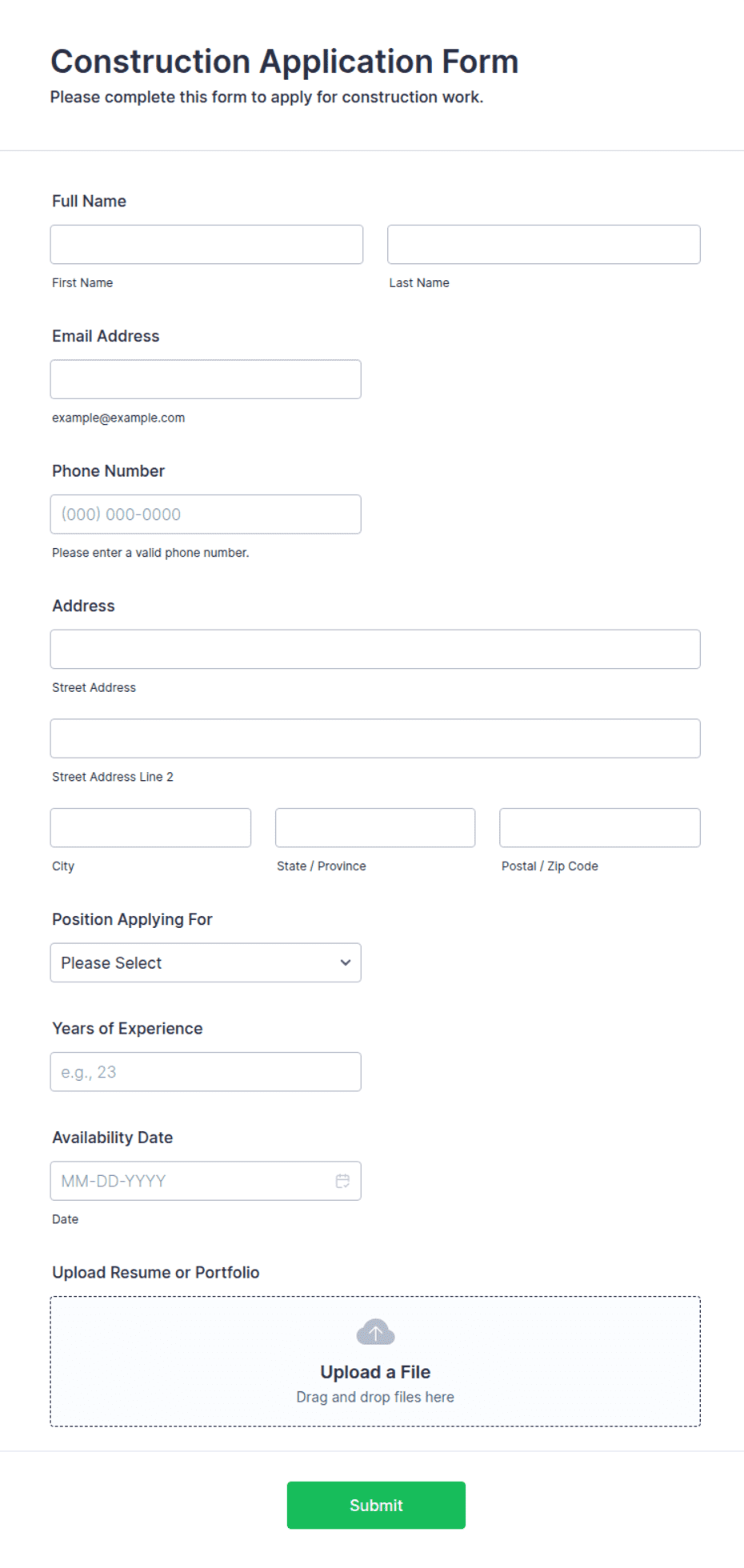 Construction Application Form Template | Jotform