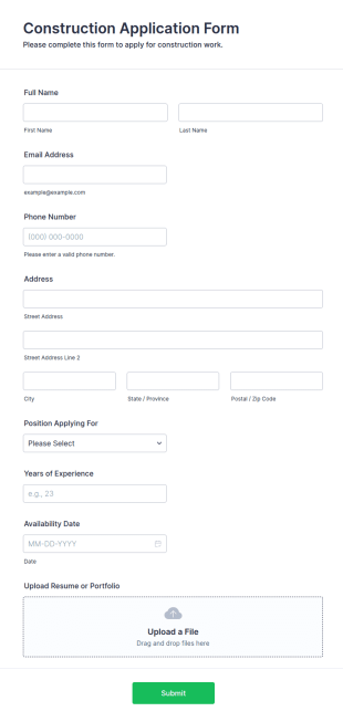 Construction Application Form Template