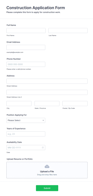Construction Application Form Template