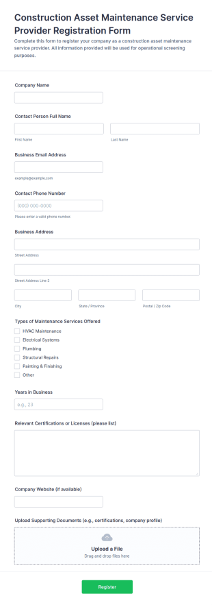 Construction Asset Maintenance Service Provider Registration Form Template