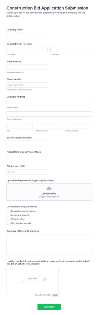 Construction Bid Application Submission Form Template