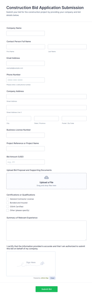 Construction Bid Application Submission Form Template