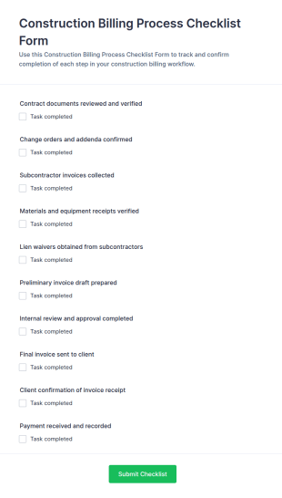 Construction Billing Process Checklist Form Template