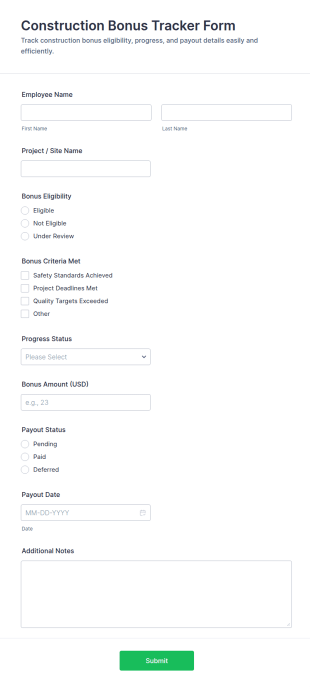 Construction Bonus Tracker Form Template