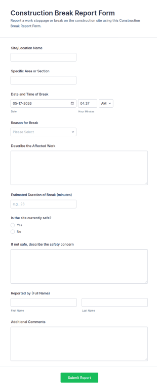 Construction Break Report Form Template