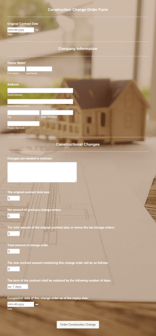 Construction Change Order Form Template