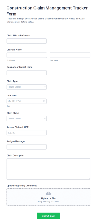 Construction Claim Management Tracker Form Template