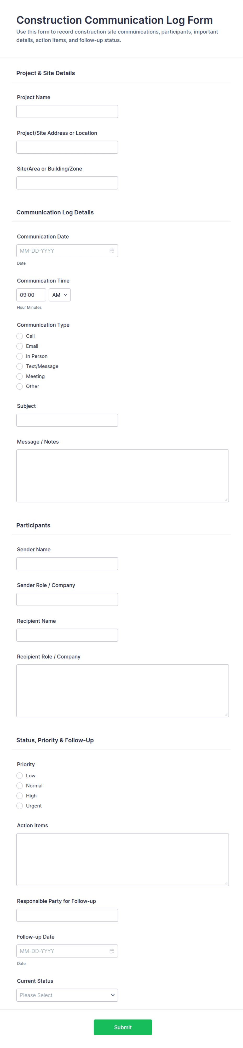 Construction Communication Log Form Template | Jotform
