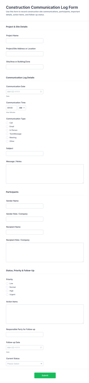 Construction Communication Log Form Template