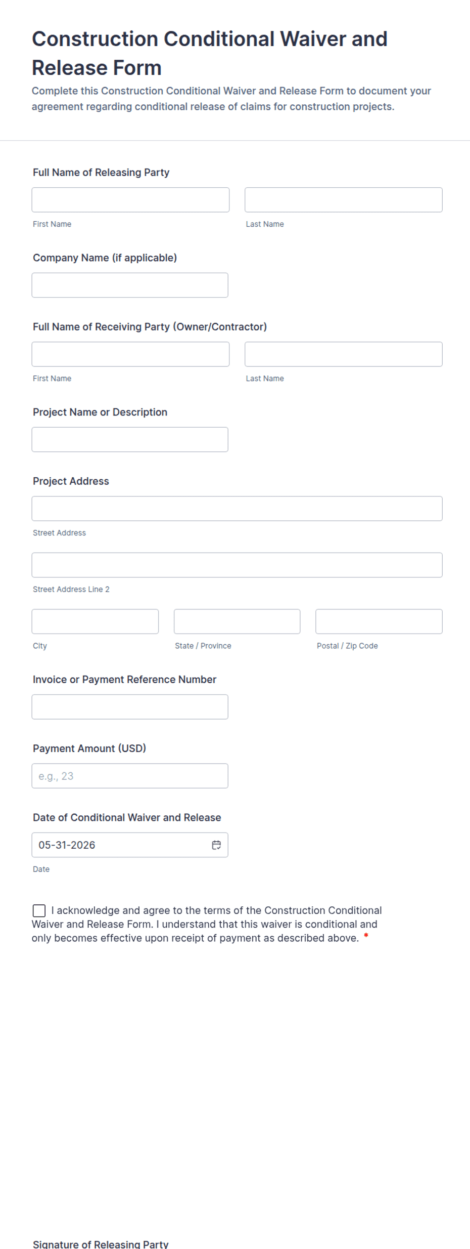 Conditional Waiver Language Construction Conditional Waiver and Release Form Template | Jotform
