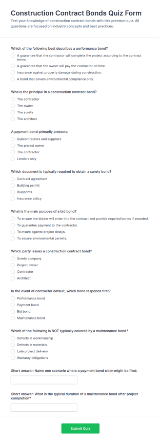 Construction Contract Bonds Quiz Form Template