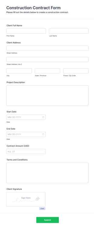 Construction Contract Form Template