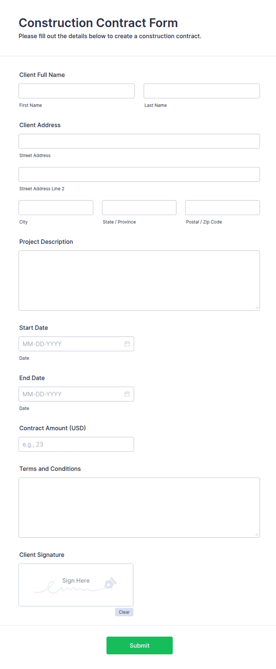 Consteuction Form String Construction Contract Form Template | Jotform