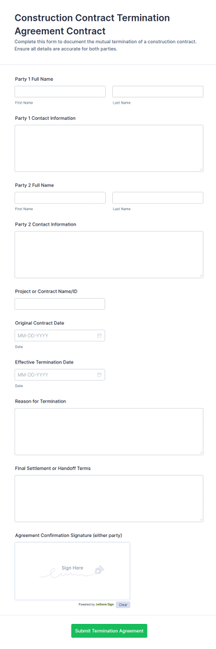 Construction Contract Termination Agreement Form Template