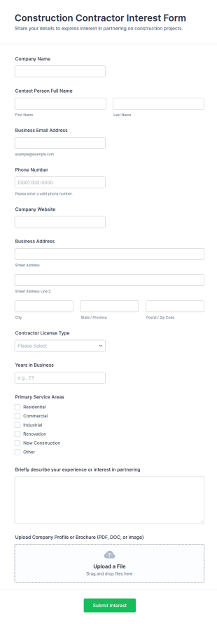 Construction Contractor Interest Form Template