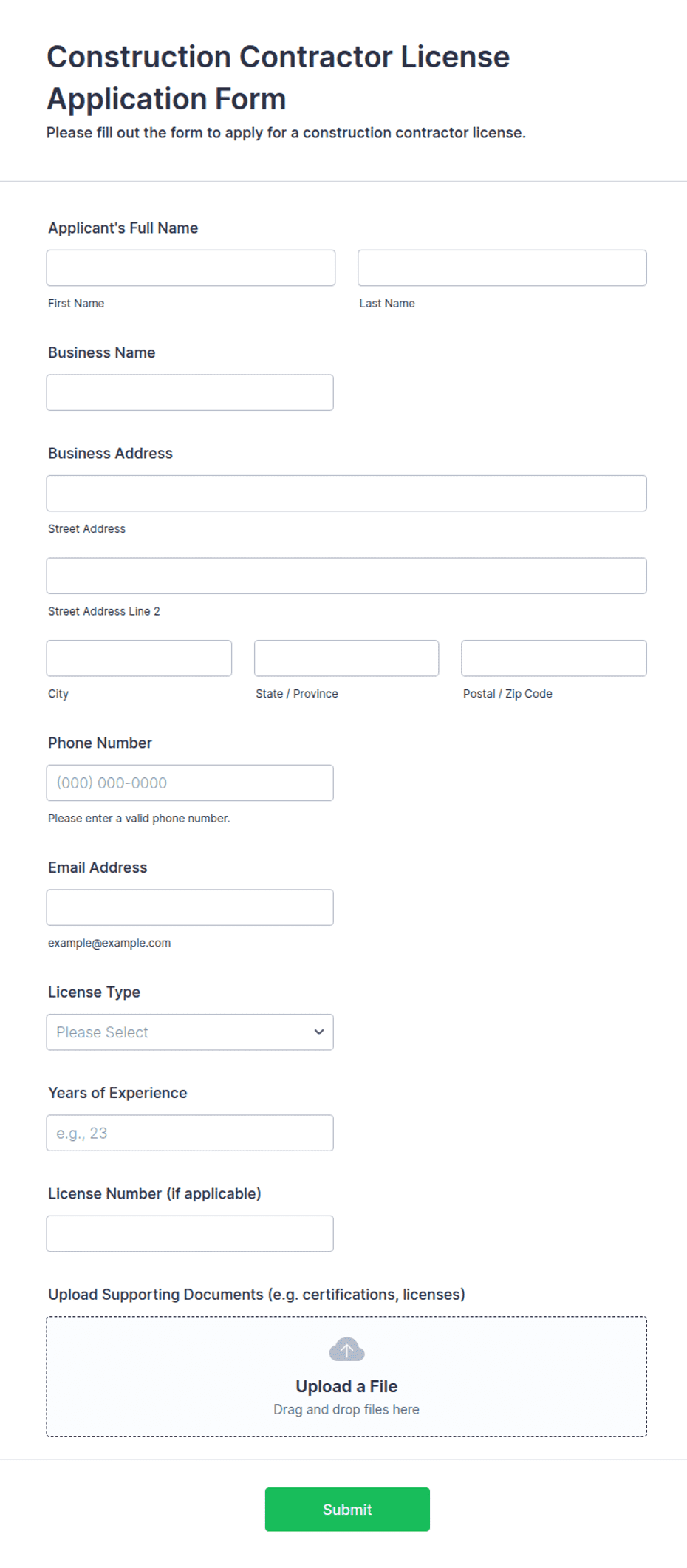 Construction Contractor License Application Form Template | Jotform