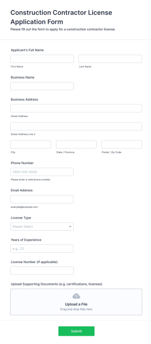 Construction Contractor License Application Form Template