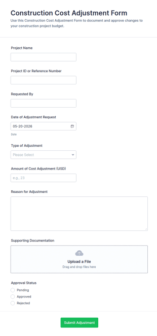 Construction Cost Adjustment Form Template