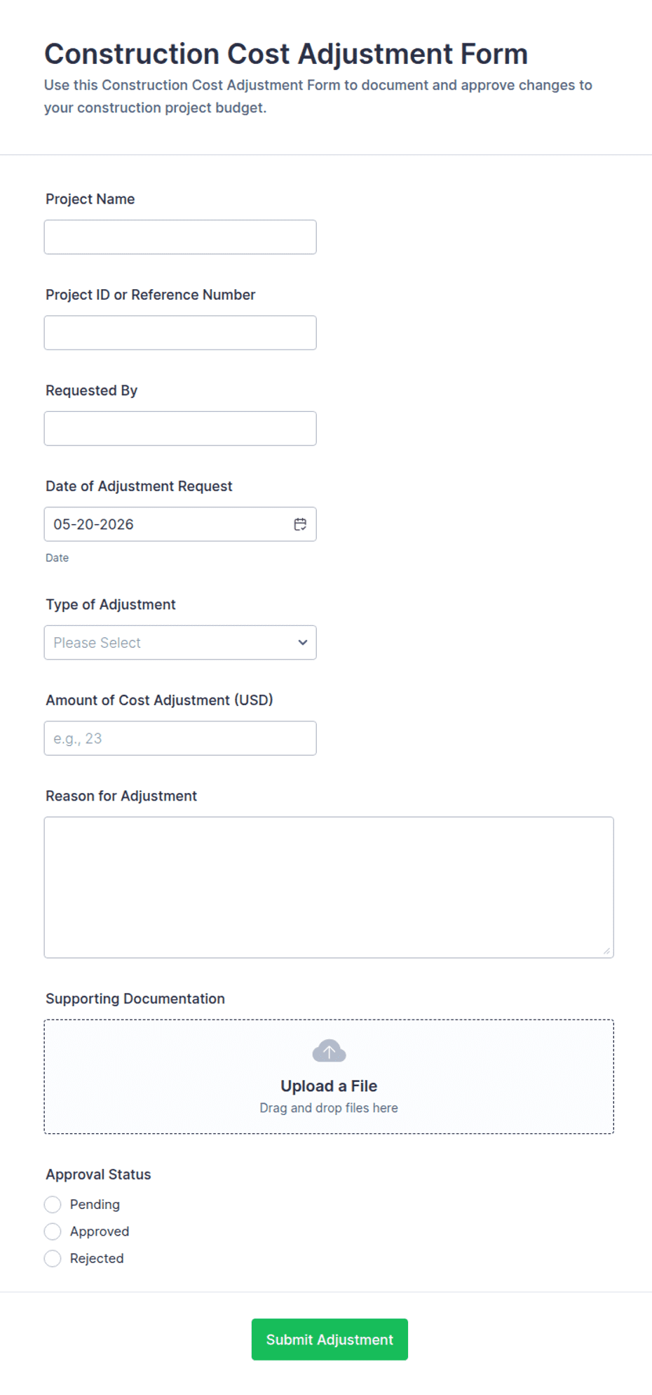 Construction Cost Adjustment Form Template | Jotform